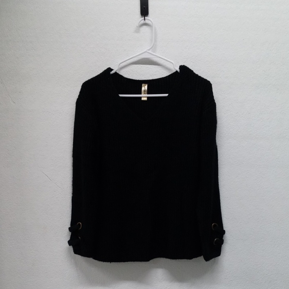 LARA Black V-Neck Sweater with Gold Button Loop Accents